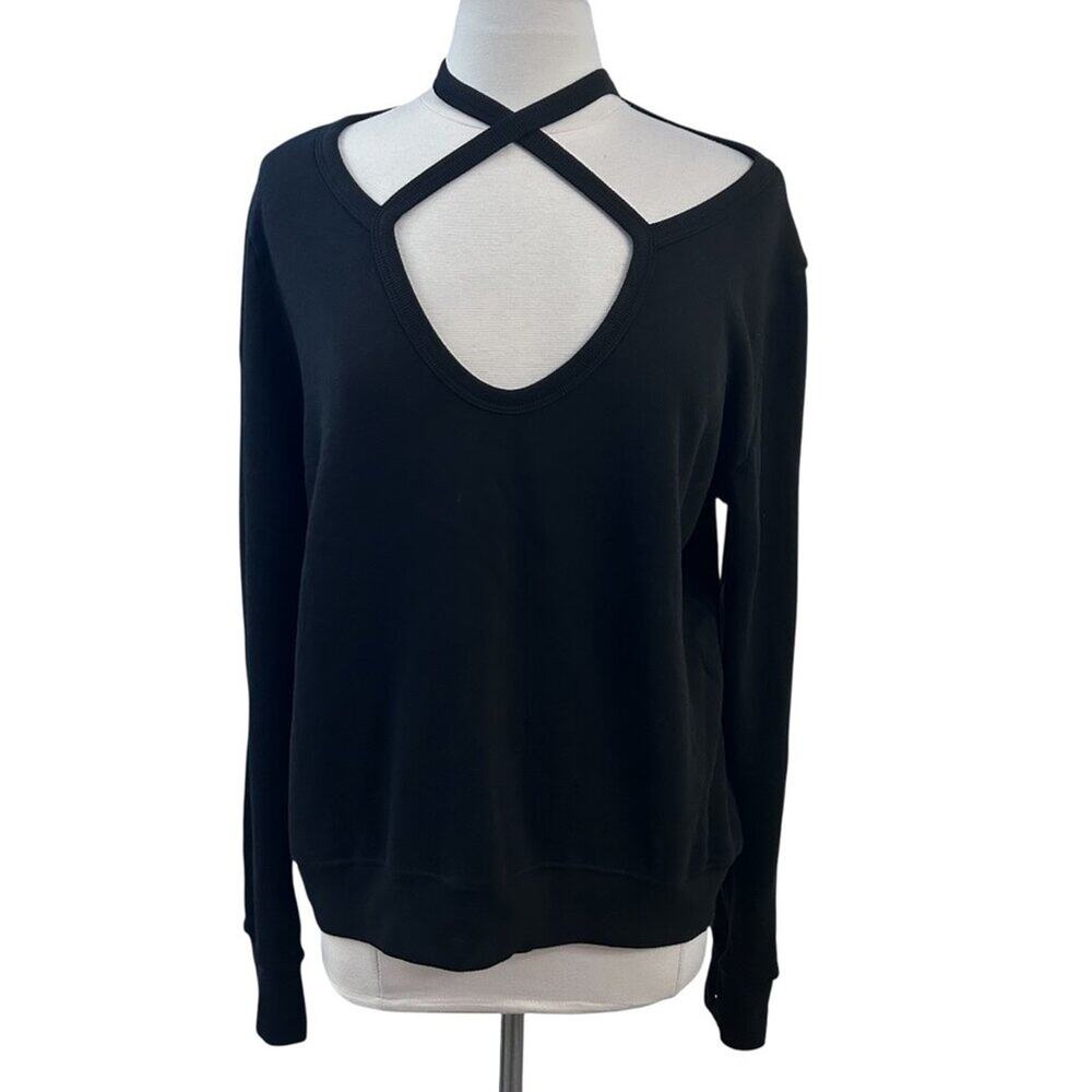 PAM & GELA Rib Cross Neck Sweatshirt Black Size Large NWT